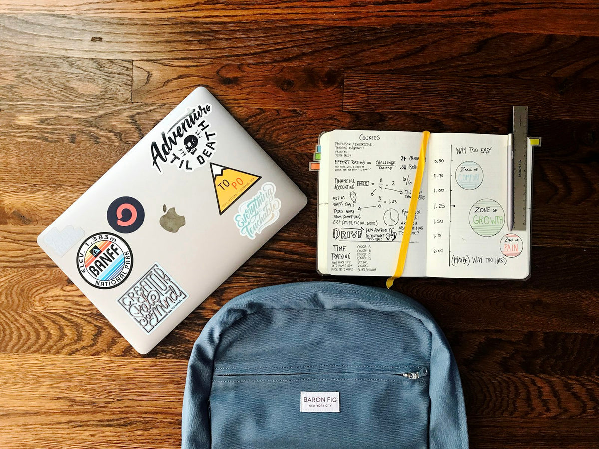 Blue backpack laid out beside a book and a laptop