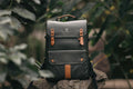 Leather trimmed backpack on a rock