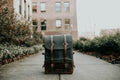 Grey and brown backpack seen from the front